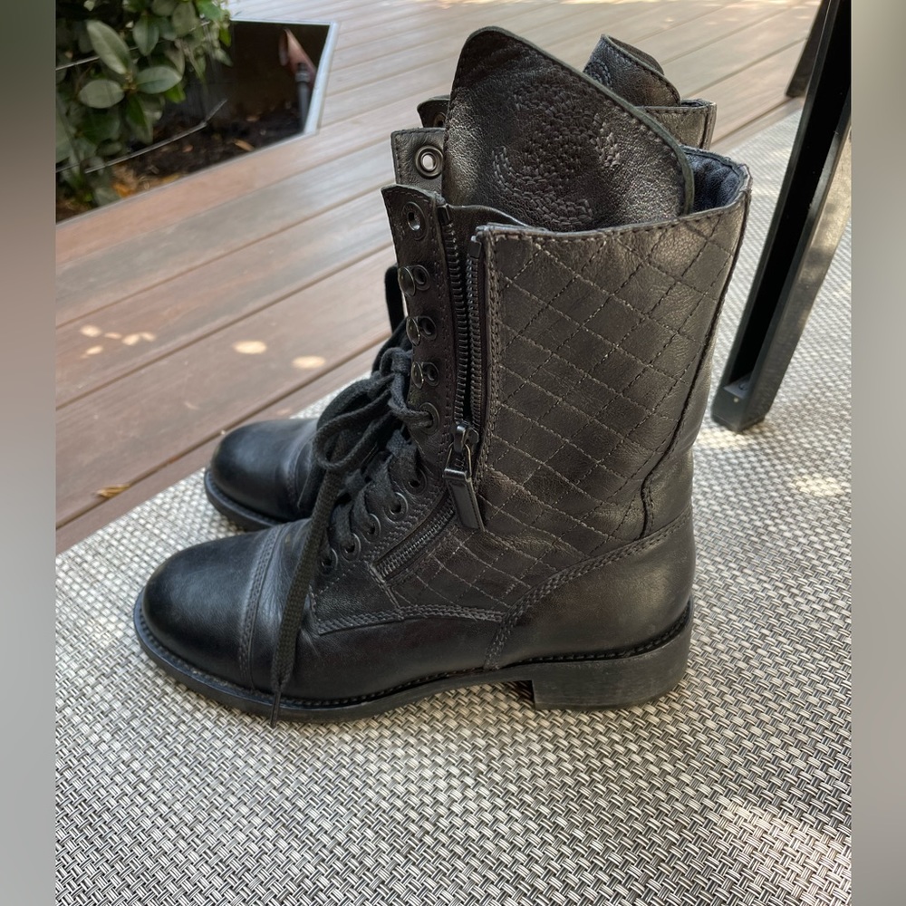 Chanel Women's CC Zip Up Combat Boots Quilted Leather Black